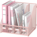 SUPEASY Magazine File Holder Desk Organizer, Metal Binder Holder with 4 Vertical Compartments for Office Home School, Pink