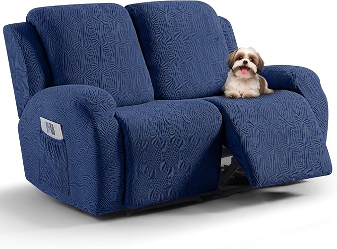 VANSOFY Recliner Loveseat Cover, 6-Pieces Stretch Dual Recliner Sofa Cover Soft Jacquard Reclining Couch Slipcover Furniture Protector with Elastic Bottom for Kid, Pets(2 Seat,Dark Blue)