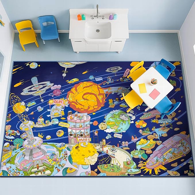Galaxy 8x10 Educational Kids Rug for Classroom – Interactive Solar System Design with Planets, Spaceships, Astronauts & Fun Characters – Perfect for STEM Learning & Creative Play Spaces