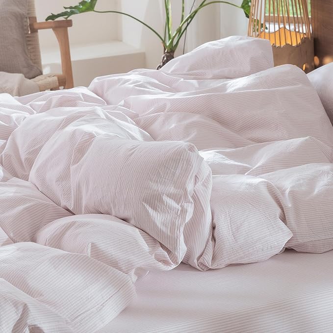 MooMee Striped Duvet Cover Set 100% Washed Cotton Linen Like Textured Breathable Durable Soft Comfy (Heathered Greyish Pink Pinstripes, Oversized Full 82"x86")