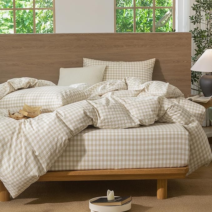 MooMee Gingham Duvet Cover Set 100% Washed Cotton Linen Like Textured Breathable Durable Soft Comfy Modern Checkered Design (Almond Milk Grey Gingham, Palatial King/Oversized King 120"x98")