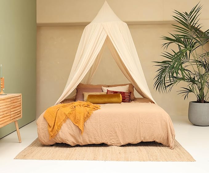 Cream Beige Bed Canopy for Queen and King-Sized Beds | Bedroom Decoration for Teens or Adults | Conical Shape Insect Netting | Mosquito Net in Multiple Colors and Sizes