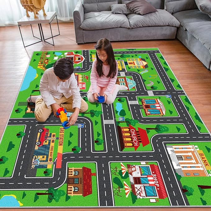 Kids Carpet Car Play Rug, City Life Traffic Road Kids Rug Playmat,Non Slip Children Educational Game Car Mat Area Rug for Playroom Baby Toddler Boys Bedroom Classroom (78.7X59 INCH, Style 1)