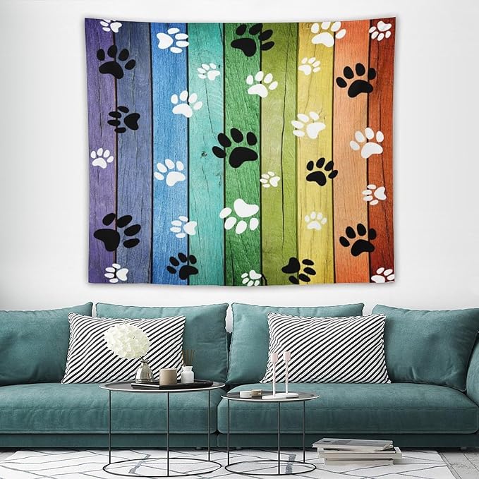 VUMIVI Dog Paw Tapestry Vintage Rustic Colorful Barn Boards Black White Animal Footprints Tapestry Wall Hanging for Living Room Bedroom Dorm Classroom Aesthetic Decor W60xL50in