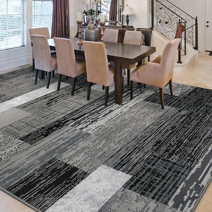 FlyDOIT Modern Geometric Patchwork Area Rug, 4x6 Grey Large Rugs for Living Room, Rockwood Collection Indoor Rugs for Bedroom, Throw Carpet Floor Decor for Entryway Dining Room Office Nursery