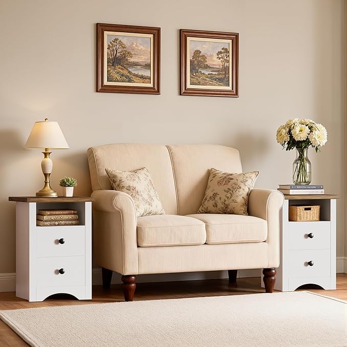 JUMMICO Farmhouse Nightstands, End Table with 2 Storage Drawers and Open Shelf, Rustic Bedside Table for Bedroom, Living Room(2, White)