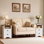 JUMMICO Farmhouse Nightstands, End Table with 2 Storage Drawers and Open Shelf, Rustic Bedside Table for Bedroom, Living Room(2, White)