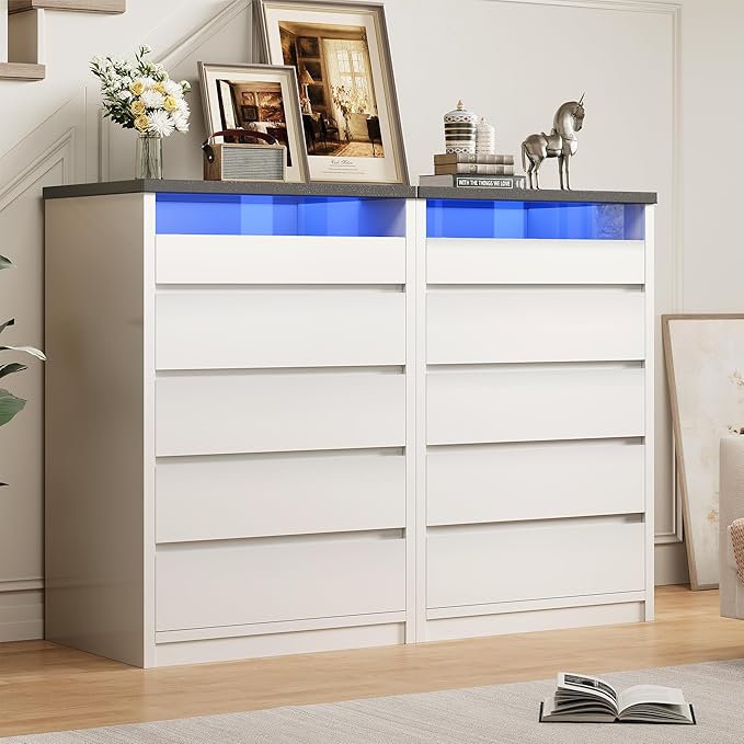 Larger White 5 Drawer Dresser for Bedroom with LED Light, Modern Chest of Drawers with Hidden Handles, Tall Wooden Dresser Closet for Living Room, Entryway, Hallway - White
