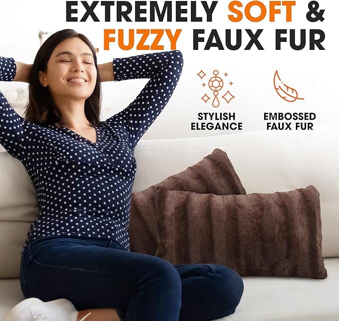 Cheer Collection Faux Fur Throw Pillows - Decorative Pillows for Couch, Bed Throw Pillows, Chocolate Accent Pillows for Bedroom or Living Room Aesthetic, Set of 2 Furry Throw Pillows, 12" x 20"