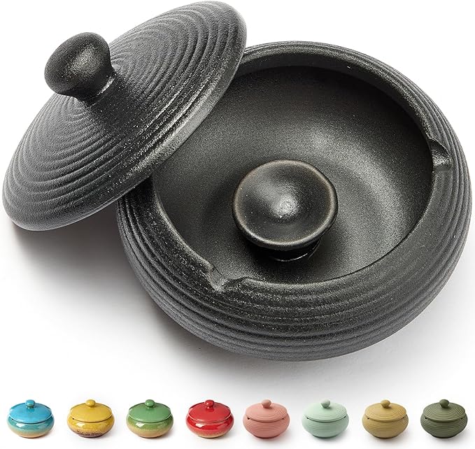 Ashtray with Lid for Outside Patio, Windproof Ash tray, Ceramic Smokeless Ashtray for Outdoor Home Office Tabletop Patio Outdoor Balcony, Black