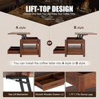 Rolanstar Coffee Table, 47.2" Lift Top Coffee Table with Drawers and Hidden Compartment, Retro Central Table with Wooden Lift Tabletop, for Living Room,Espresso