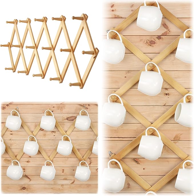 Dseap Accordian Wall Hanger: 16” High Wooden Wall Expandable Coat Rack, Hat Rack Holder, Accordion Hook for Baseball Caps, Coats, Mugs, 16 Peg Hooks, Natural