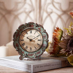 NIKKY HOME Table Top Clock, Vintage French Decorative Pewter Analog Desk Clock Battery Operated for Living Room Decor Shelf, Green