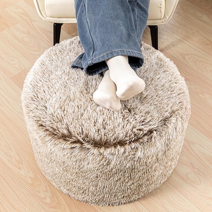 Stuffed Ottoman with Modern High Density Foam Faux Fur Pouf Stool Round Foot Stool Cushion Storage Ottoman 20 * 12''Floor Pouf Ottoman Foot Rest for Living Room (Snow Coffee)