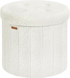 SONGMICS Mazie Collection - Round Storage Ottoman, Folding Footrest Stool with Removable Lid, Easy Assembly, Teddy Fleece Vanity Stool for Bedroom, Living Room, Entryway, Cream White ULSF606W01