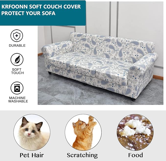KRFOONN 4 Piece Stretch Sofa Couch Covers for 3 Cushion Couches Printed Sofa Slipcover with 3 Separate Seat Cushion Covers Washable Sofa Slip Covers Furniture Protector for Pets Kids (Large, 19)