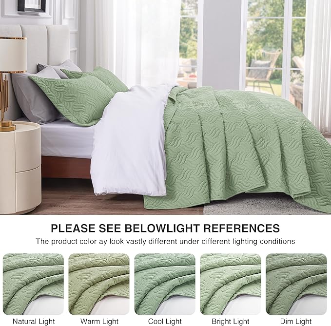 Love's cabin Quilts for Full Bed Sage Bedspreads Bedding Set - Lightweight Bedspread Comforter - Wave Pattern Bedding Coverlet for All Season - 3 Pieces (1 Quilt, 2 Pillow Shams)