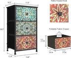 GiftGo Retro Dresser with Fabric Drawers Boho Mandala Flower Chest of Drawers Narrow Storage Tower for Small Spaces Gaps Bedroom Beautiful Nightstand Living Room Table (Mandala, 3 Drawers)