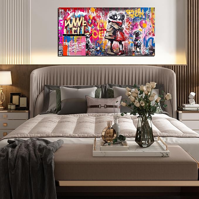 CIRABKY Graffiti Wall Art - Colorful Banksy Wall Art - Boy Kiss Girl Print - 20" x 40"