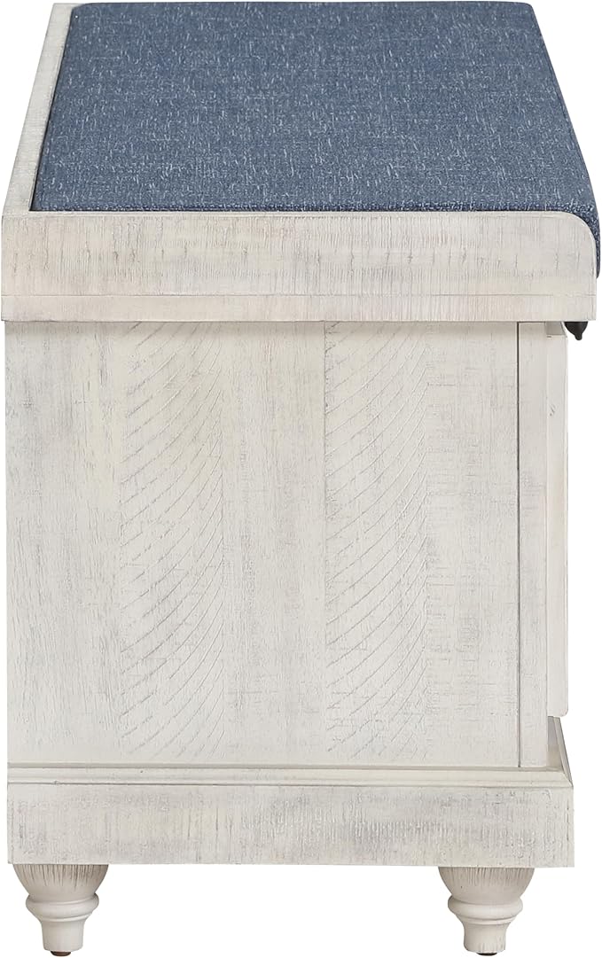 OSP Home Furnishings Dover Coastal Lift-Top Storage Bench with Shutter Face Styling, Distressed White Finish with Navy Fabric Cushion