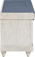 OSP Home Furnishings Dover Coastal Lift-Top Storage Bench with Shutter Face Styling, Distressed White Finish with Navy Fabric Cushion
