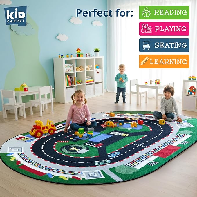 KIDCARPET.COM Raceway Rug 6' x 8'6" Oval, Educational Classroom Rug, Kids Learning Play Mat | Area Rug for Bedroom or Playroom