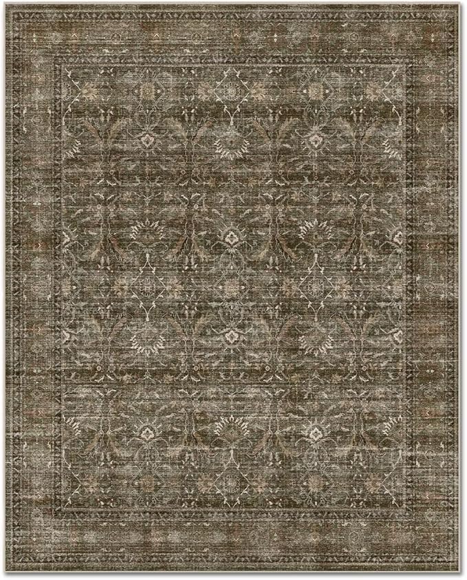 Washable 4x6 Rugs for Living Room, Boho Non-Slip Vintage Distress Small Rugs for Bedroom Nursery Office, 0.3" Neutral Oriental Throw Thin Carpet with Cushioning Pad, Rust/Multi