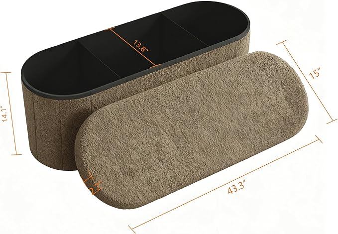 GLAXYFUR Oval Storage Ottoman Bench, Sherpa Foot Rest, 43 Inch Folding Chest for Living Room, Bedroom, Brown