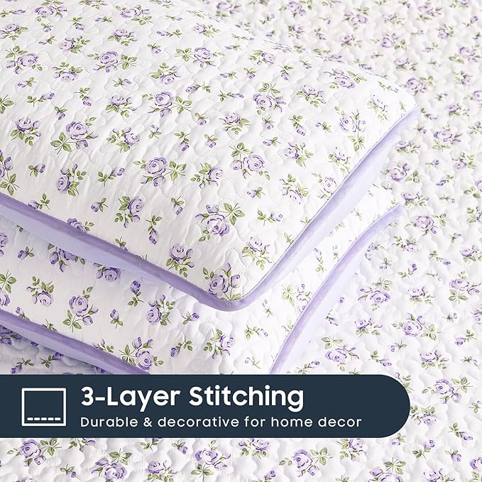 Wake In Cloud - Floral Quilt Set, Coquette Cottagecore Shabby Chic Flower Pattern for Women Teen Girls, Reversible Lightweight Bedspread Coverlet, 3 Pieces, White Purple, Queen/Full Size