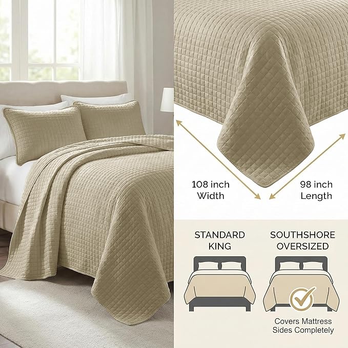 Southshore Fine Living, Inc. Oversized King Quilt Bedding Set, Taupe Quilt California/King Size Bedspread with 2 Matching Pillow Shams, Microfiber Soft & Cozy Bedding Coverlet, Taupe