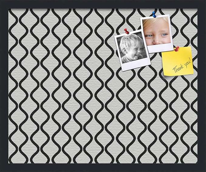 PinPix 22x18 Inch Cork Bulletin Board. This Decorative Framed Pin Board Comes with Black and White Waves Design and a Satin Black Frame. Ideal for Home Office Decor or Message Board (PinPix-194)