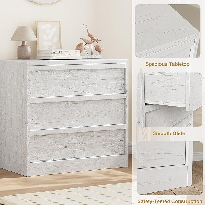 GarveeHome 3 Drawer Dresser for Bedroom, White Nightstand 3 Chest of Drawers with Large Storage, Small Modern Bedside End Table for Living Room, Nursery, Entryway