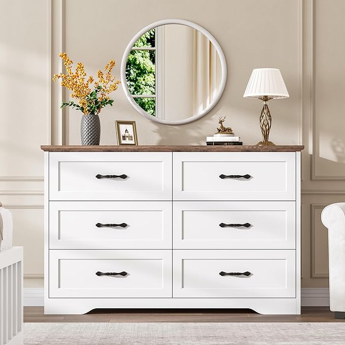 GAOMON Farmhouse 6 Double Drawers Dresser for Bedroom, 47.2''Wide Chest of Drawer, Wooden Horizontal Dresser with Metal Handle and Stable Base, Modern Cabinet for Bedroom, Living Room, White and Brown