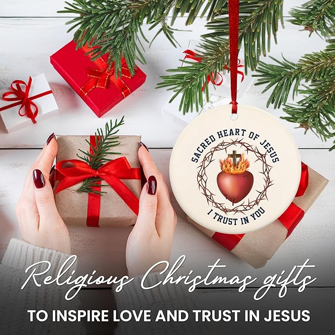 FLAGWIX Christmas Christian Gifts for Women Men - Sacred Heart Ceramic Christmas Ornaments 2025 for Xmas Decorations - Religious Gifts for Women, Religious Ornaments, Spiritual Christian Gift Ideas