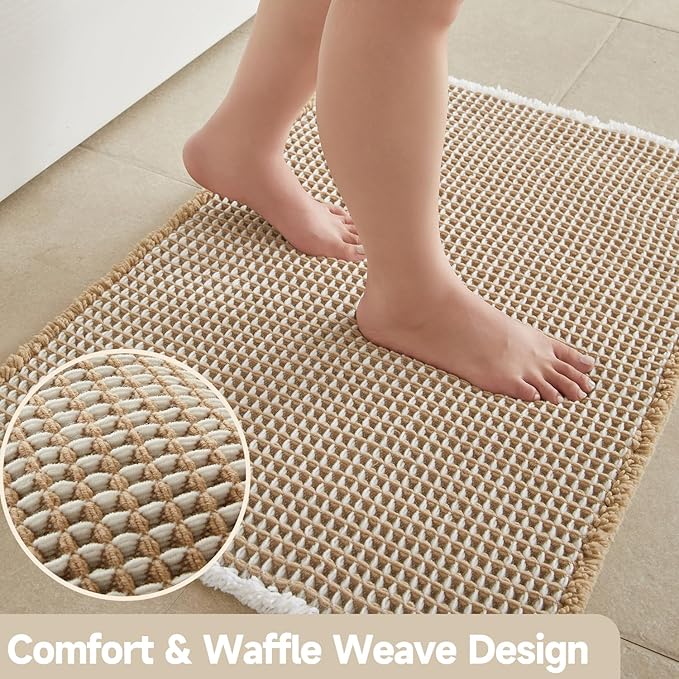 Waffle Bath Mat, Boho Bathroom Rugs Non Slip Washable Super Absorbent Quick Dry Bath Mat Farmhouse Bathroom Decor, 48"x24" Khaki and White