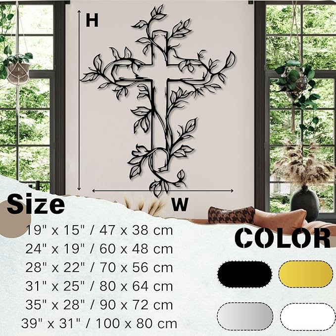 Hotuijxca Cross Metal Wall Art, Tree of Life Crosses Metal Wall Decor, Christianity Wall Art for Living Room, Bedroom(Gold,47" x 38" / 120 x 97 cm)