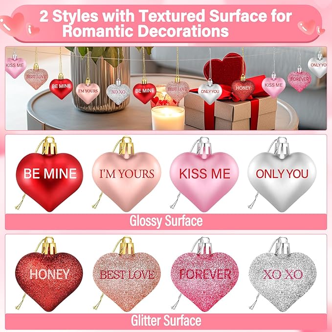 56PCS Valentines Tree Decorations Heart Ornaments, 8 Styles Valentines Day Heart Shaped Ornaments with Sweet Love Words Heart Baubles for Romantic Valentines Tree Decor Wedding Anniversary Decor