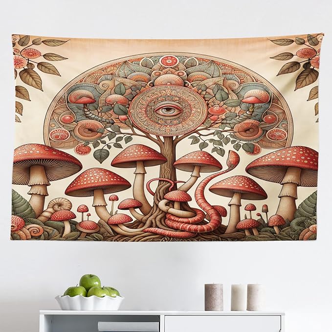 Ambesonne Hippie Tapestry, Psychedelic Aura Leaves and Eye Ornate Tree Art with Mushrooms and Snake, Fabric Wall Hanging Decor for Bedroom Living Room Dorm, 45" X 30", Dark Pink Reseda Green