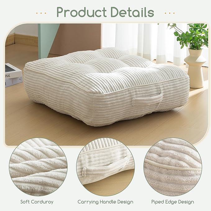 6" Washable Floor Pillow Cushion for Adults, Meditation Cushion Pillow, Large Square Floor Sitting, Removable Tufted Corduroy Cover, for Tatami Living Room or Yoga, 22x22 Inch, Machine Washable