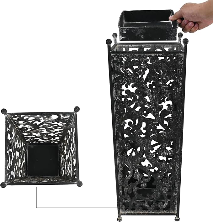 Vintage Metal Umbrella Holder Decorative Flower Design Square Umbrella Stands Entryway Organizer Bucket for Home/Office/Farmhouse - Holds Multiple Umbrellas, Walking Sticks & Canes (Black)