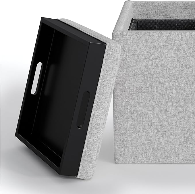 SIMPLIHOME Rockwood Cube Storage Ottoman with Tray - 17 inch Wide Upholstered Linen Look Fabric Square Storage Ottoman in Cloud Grey, Contemporary Cube Ottoman for Living Room with Serving Tray