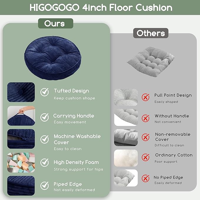 HIGOGOGO Washable Floor Pillow Cushion for Adults, Meditation Cushion Pillow, Large Round Floor Sitting, Removable Tufted Corduroy Cover, for Tatami Living Room or Yoga, 22x22 Inch, Machine Washable