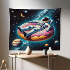 Ambesonne Funny Astronaut Tapestry, Spaceman Floating on a Donut Through the Galaxies Planets Moon, Fabric Wall Hanging Decor for Bedroom Living Room Dorm, 28" X 23", Petrol Blue Pink Orange