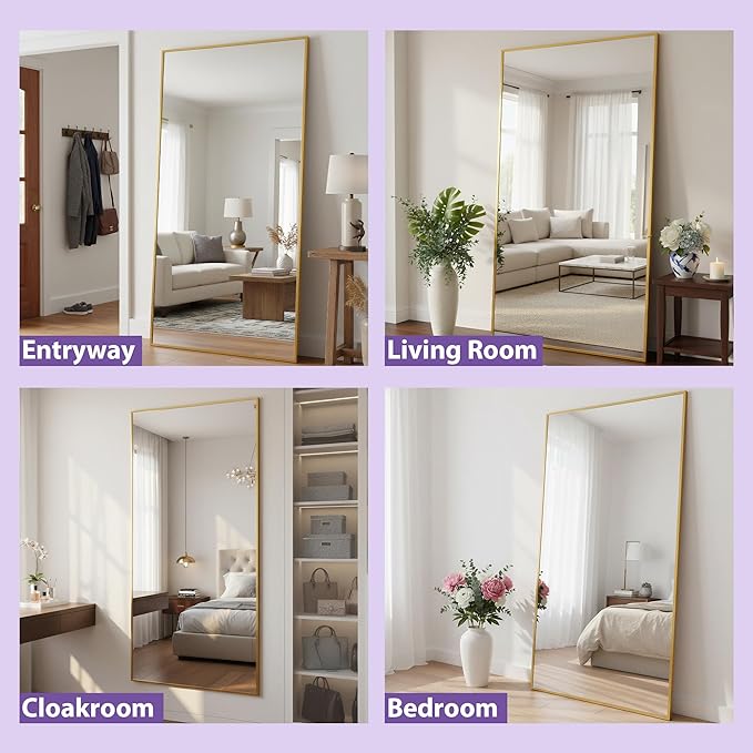 Full Length Mirror, 83"x44" Floor Mirror Freestanding, Oversized Floor Standing Full Body Mirror with Stand for Bedroom, Hanging Mounted for Living Room Cloakroom, Gold, Rect