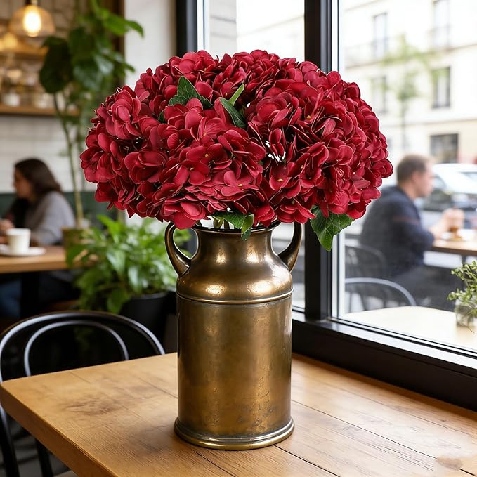 Kimura's Cabin 6Pcs Burgundy Fake Hydrangea Flowers Artificial Silk Hydrangeas Flowers with Stems Hydrangea Bouquets for Home Wedding Baby Shower Birthday Party Decoration （Dark Red）