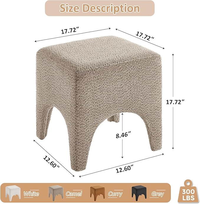 17" Boucle Modern Square Foot Stool Ottoman, Vanity Stool for Makeup, Rectangle Foot Rest for Couch, Upholstered Ottoman Stool for Living Room, Bedroom, Entryway (2, Camel)