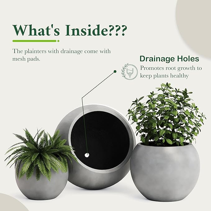 DTY Mount Sherman 12.6" D x 10'' H (Pot Opening 8.5") Fiberstone Round Planter with Drainage Hole, Smooth Finishes, Weather Resistant for Indoor and Outdoor, 2 Extra Coco Mats - Gray, Small