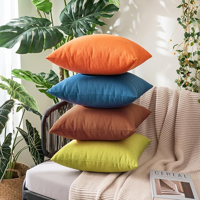 MIULEE Pack of 2 Decorative Outdoor Solid Waterproof Throw Pillow Covers Euro Sham Faux Linen Garden Farmhouse Cushion Cases for Summer Patio Tent Balcony Couch Sofa 22x22 Inch Orange