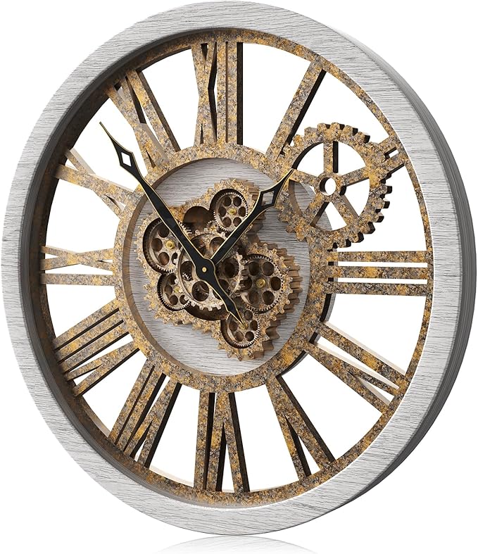 The B-Style Large Wall Clock 24 inch Moving Gear Wall Clock Oversized Vintage Farmhouse Wall Clocks for Living Room Decor Rustic Industrial Wood Clock (Silver gray, 18 inch/46cm)