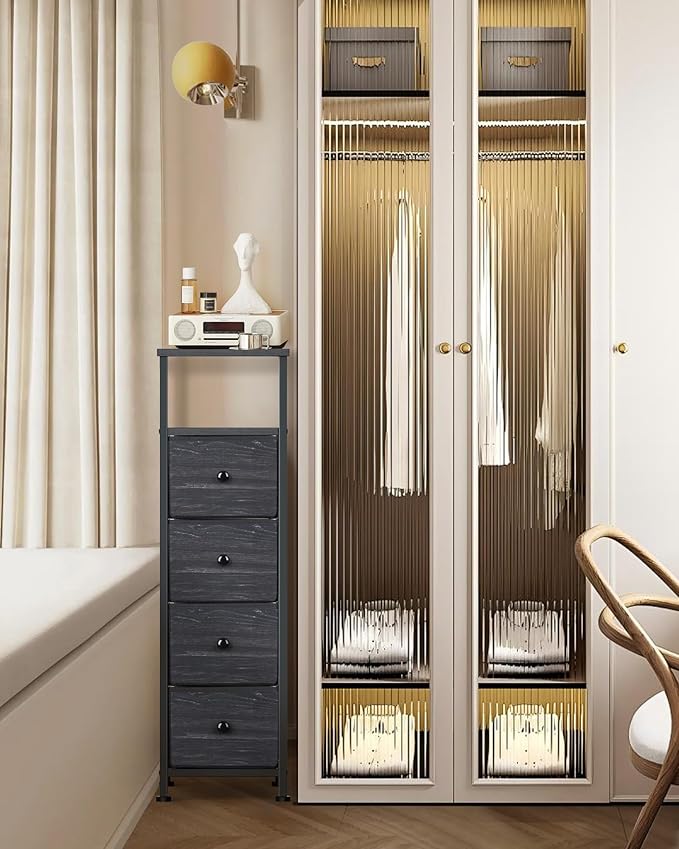 Narrow Dresser for Bedroom, Fabric Tall Dresser & Chests of Drawers with 4 Drawers, Vertical Organizer Storage Tower Unit for Bedroom, Hallway, Entryway Black Wood Grain